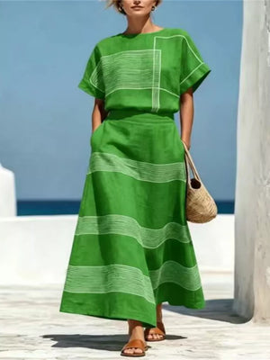Yellow Full Size Striped Round Neck Top And Skirt Set