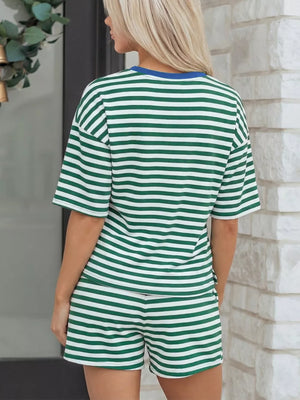 Green and white striped cotton pajama set with boxy tee and shorts.