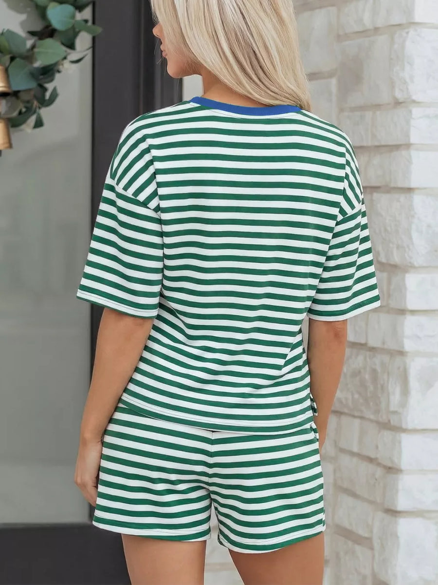 Green and white striped cotton pajama set with boxy tee and shorts.