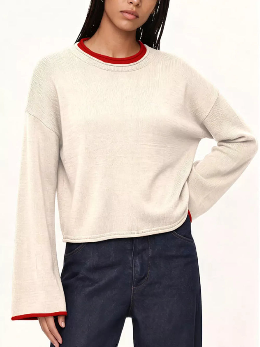 Crew Neck Dropped Shoulder Sweater in Black with ribbed