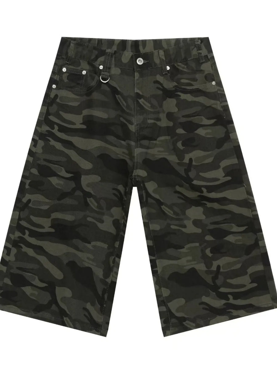 Wide-leg denim culottes in Army Green camouflage print with distressed details.