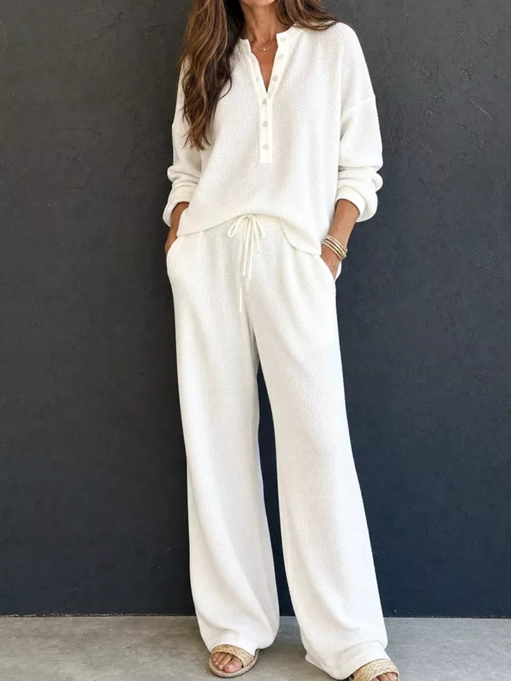 ivory lounge set with waffle-knit and henley