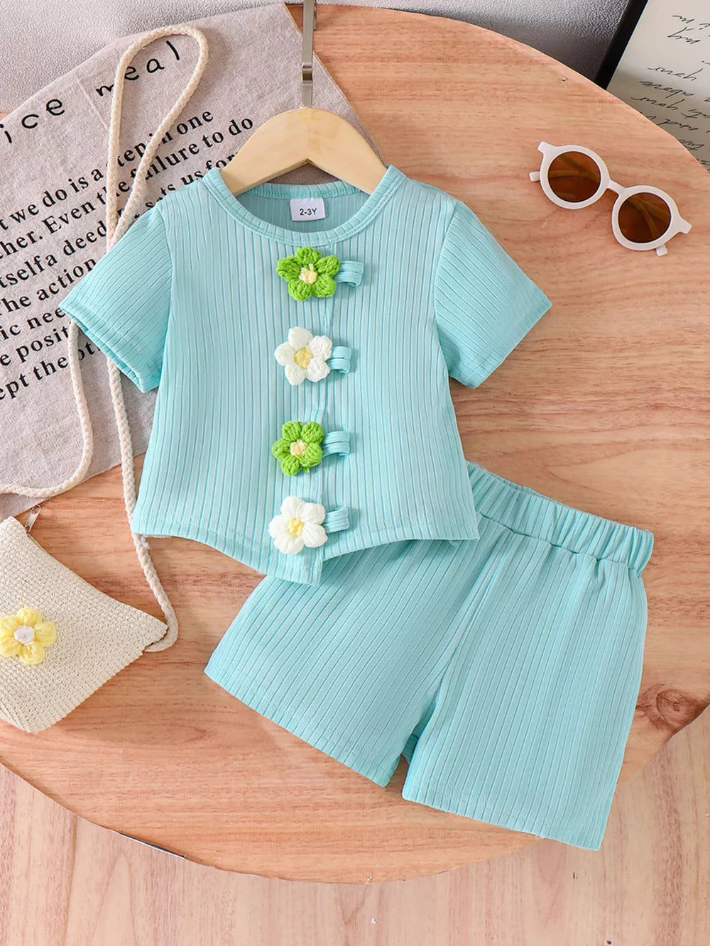 Green Children's Ribbed Knit Flower Top And Shorts Set