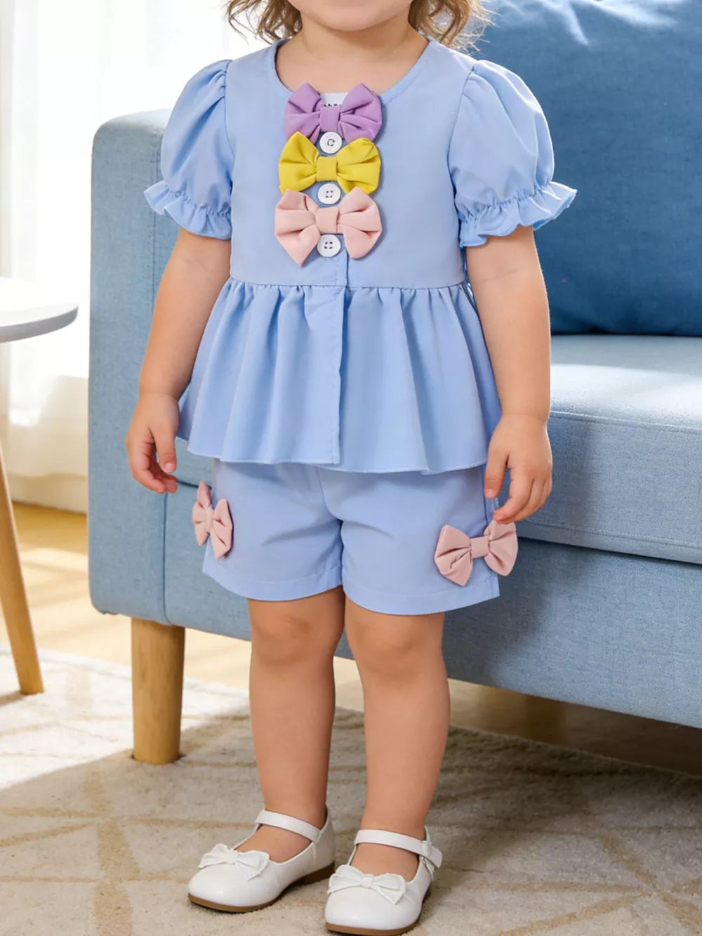 Blue Children's Bow Puff Sleeve Top And Shorts Set