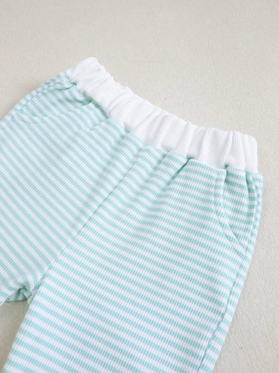 Light Blue with Children's Bear Striped Top And Pants Set