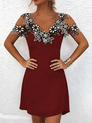 Black with Lace Floral Trim Cold Shoulder Mini Dress in Black