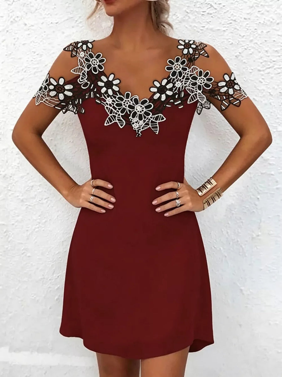 Black with Lace Floral Trim Cold Shoulder Mini Dress in Black