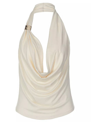 Apricot cowl neck ruched tank top with gold detail