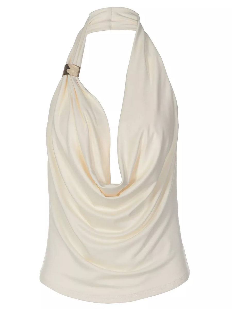 Apricot cowl neck ruched tank top with gold detail