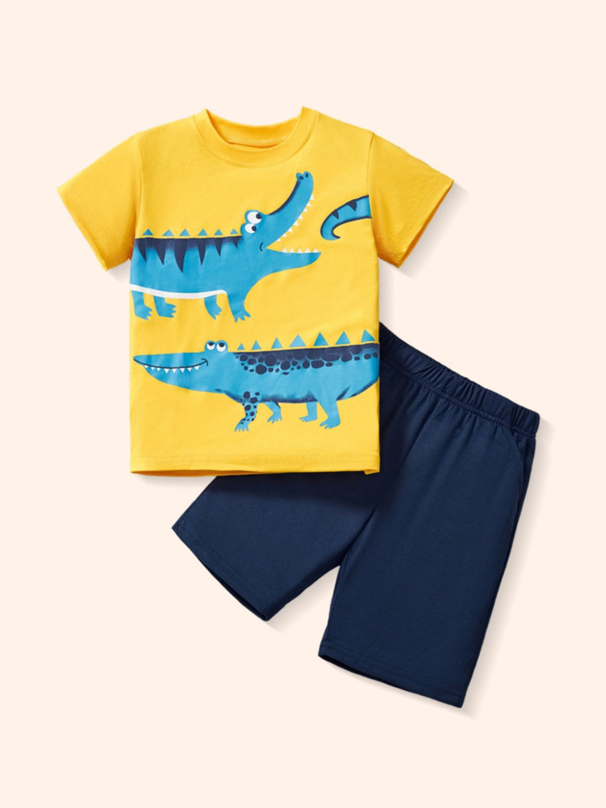 Yellow graphic tee with blue crocodiles and navy elastic waist shorts toddler set