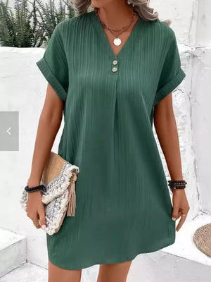 Full Size Casual V-neck Short Sleeve Dress in Red