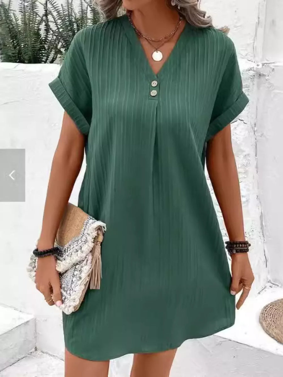 Full Size Casual V-neck Short Sleeve Dress in Red