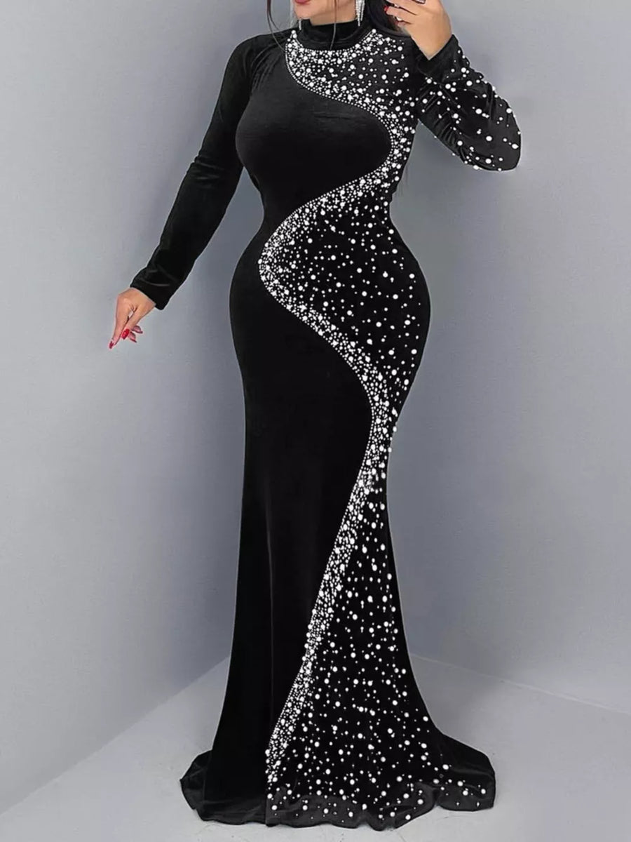 formal gown in black featuring rhinestone and mermaid fit