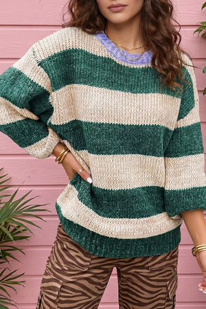 Dark Green Striped Colorblock Drop Shoulder Pullover Sweater