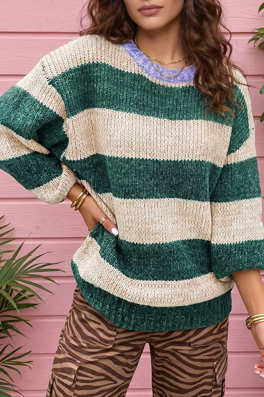 Dark Green Striped Colorblock Drop Shoulder Pullover Sweater