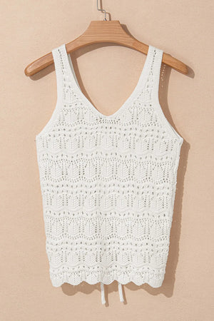 White crochet tank top with V-neck and ruched front detail.