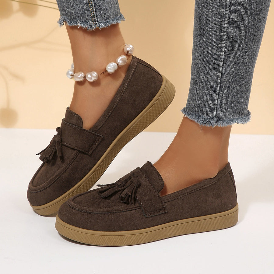 Tassel Suede Loafers With Flat Sole in Brown with tassels