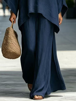 Full Size Batwing Sleeve Top And Wide-Leg Pants Set in Khaki with batwing sleeve