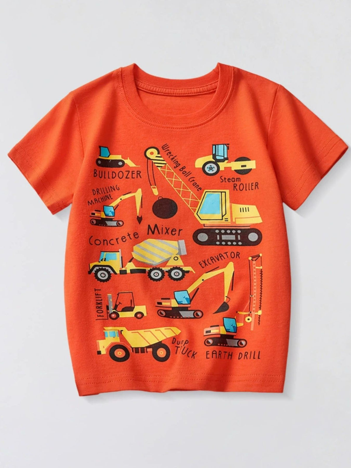 Tangerine cotton crew neck t-shirt with construction vehicles print for kids