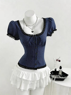 Beige with Polka Dot Lace Trim Puff Sleeve Top