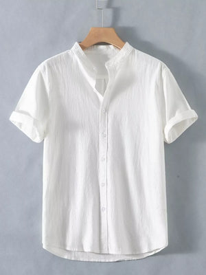 White men's casual band collar short sleeve button-up shirt
