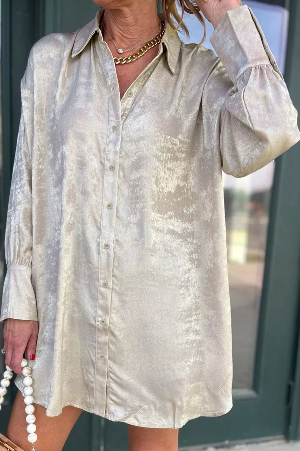 Solid Pattern Mini Long Sleeve Shift Dress in Beige