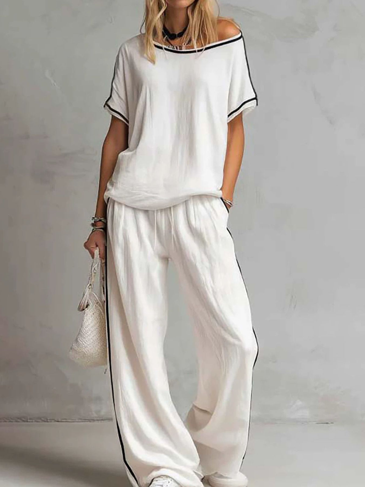 ivory lounge set with striped and round neck