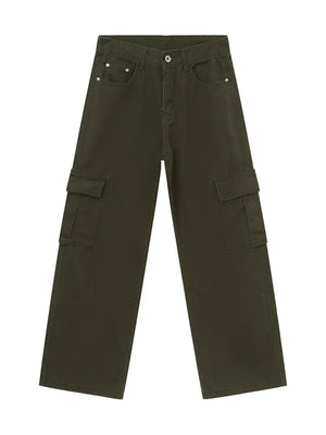 Oversized cargo denim trousers in Army Green with multiple pockets and a relaxed fit.