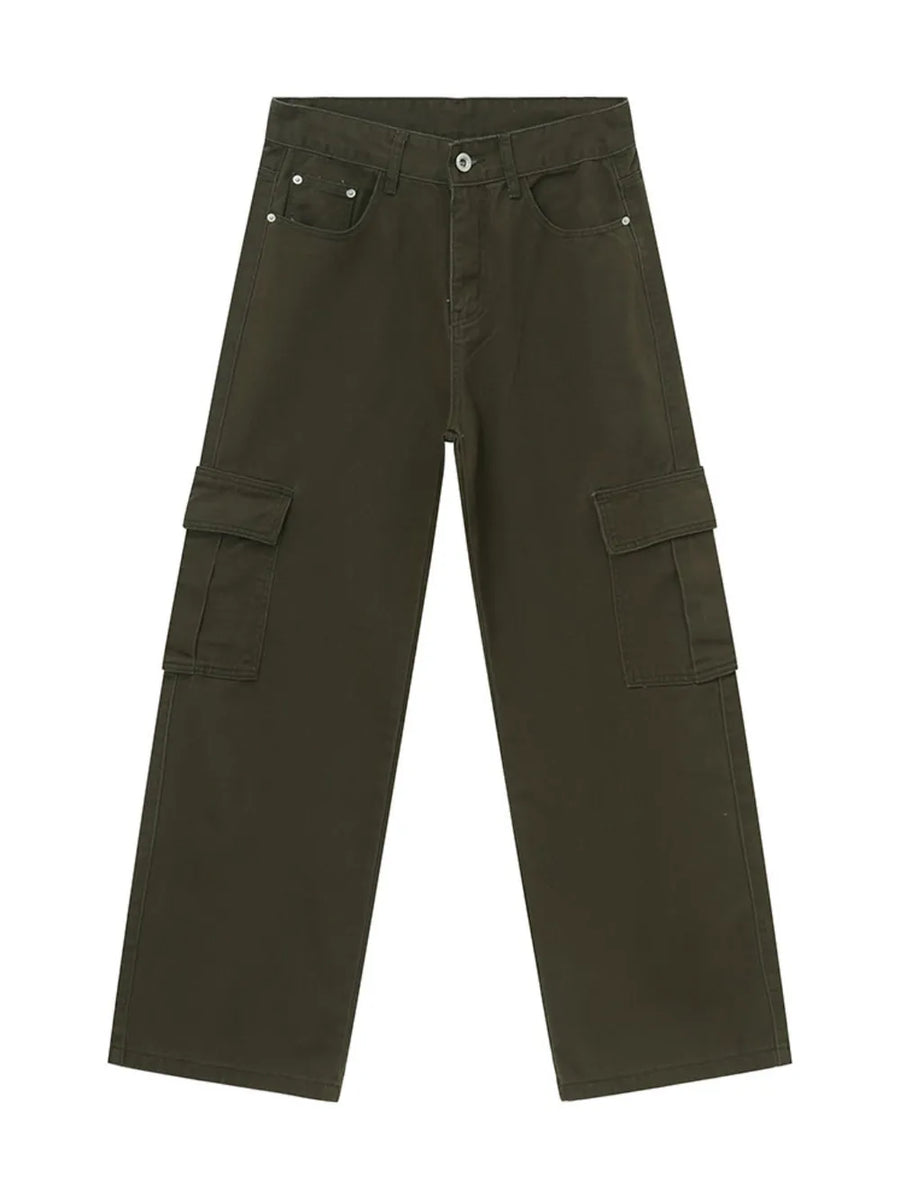 Oversized cargo denim trousers in Army Green with multiple pockets and a relaxed fit.