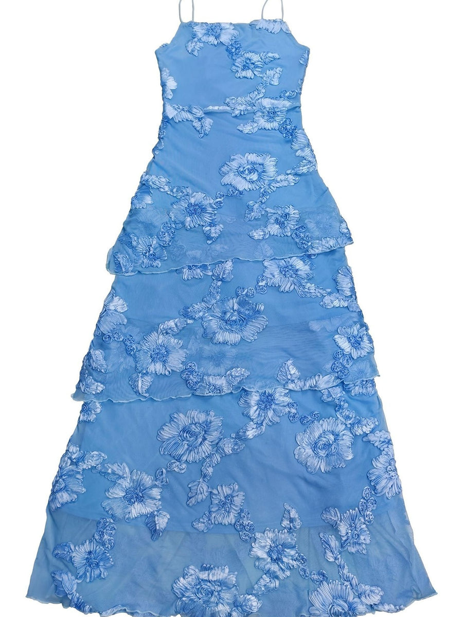 sky blue maxi dress with embroidered and spaghetti strap