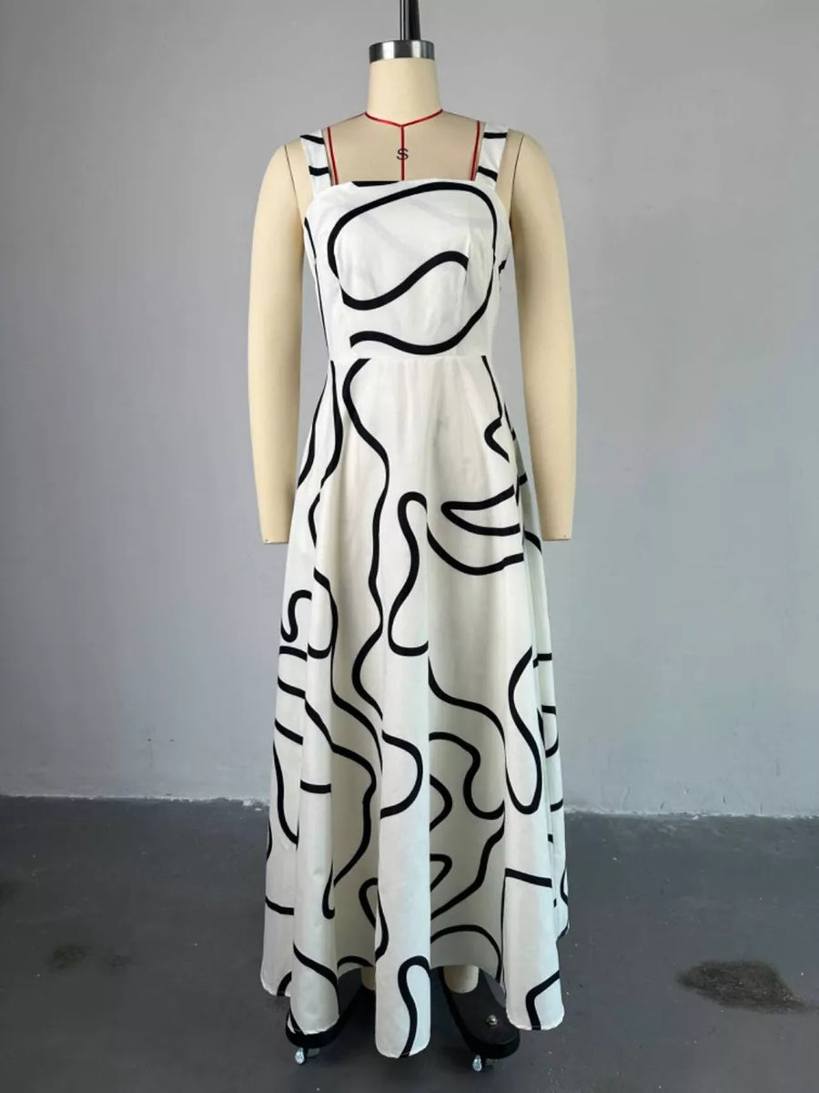 White abstract patterned midi dress with square neckline and spaghetti straps.