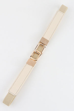 Cream elastic belt with linked rectangle buckle and gold hardware