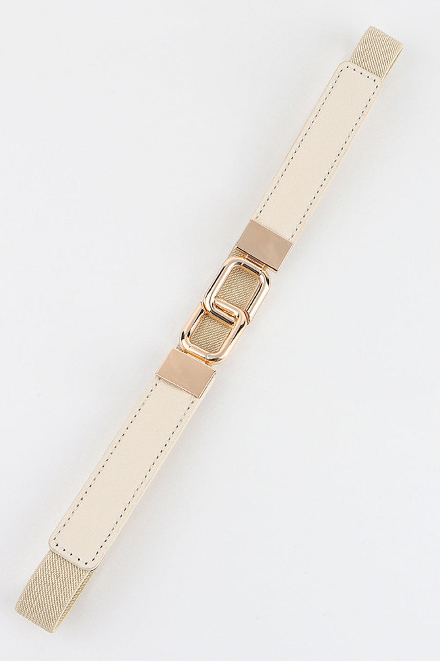 Cream elastic belt with linked rectangle buckle and gold hardware