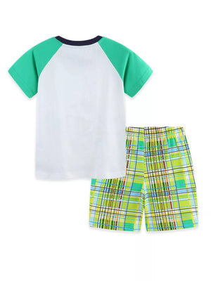 Baby boys' cotton t-shirt with green raglan sleeves and plaid shorts set.