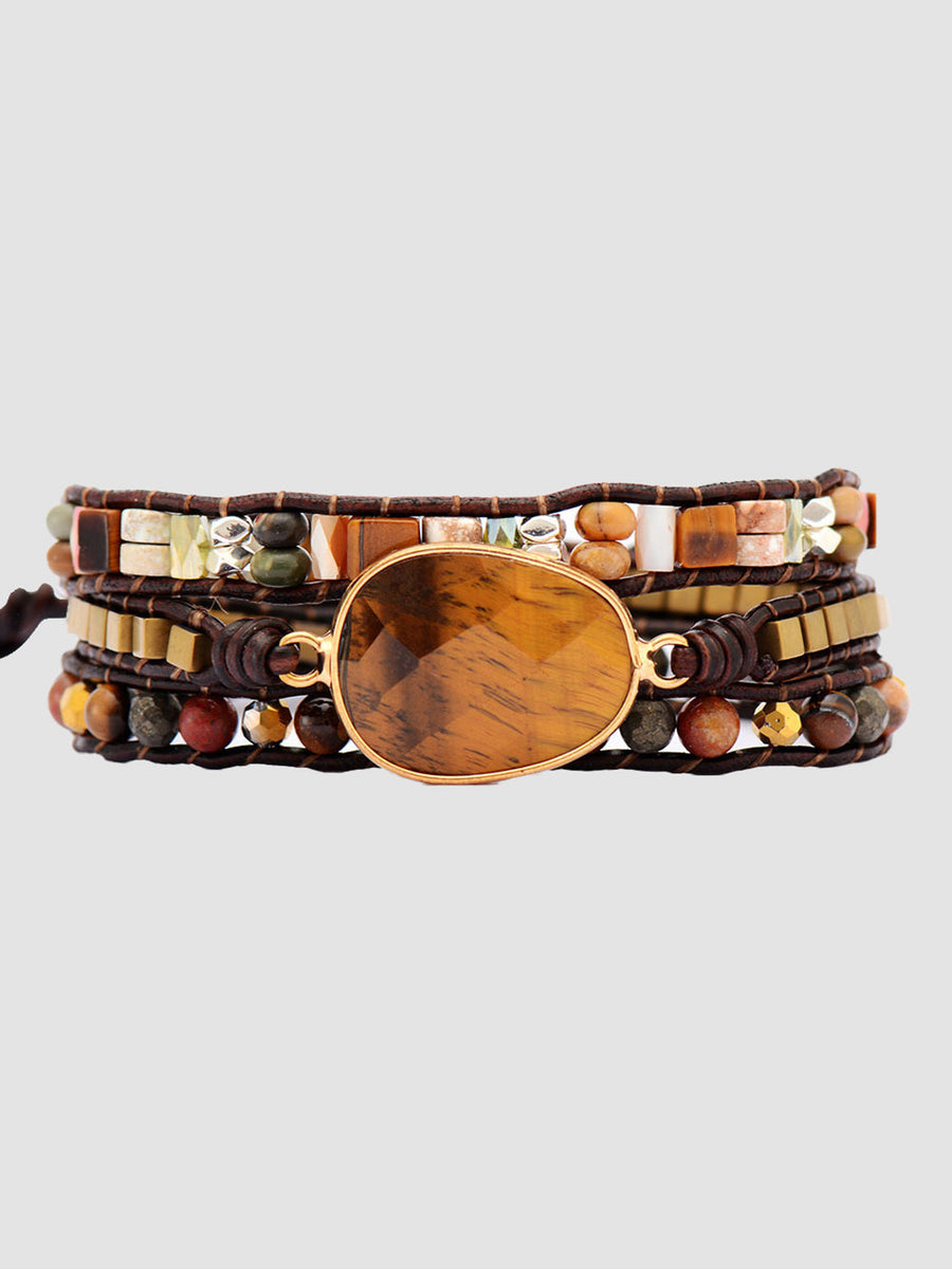 Wrap-around bracelet with tiger's eye stone and mixed beads on leather cord
