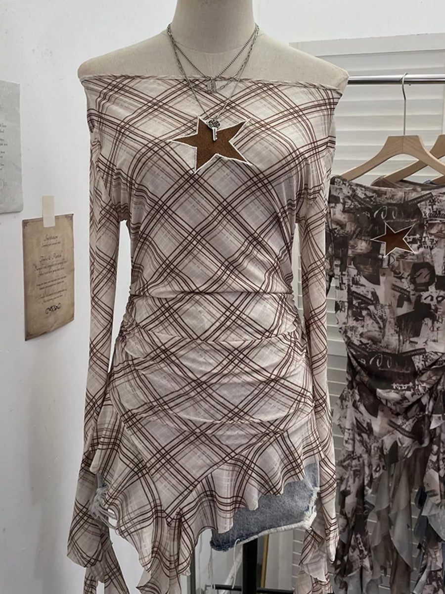 Asymmetrical ruffle hem t-shirt in taupe plaid with a star detail and off-the-shoulder neckline.