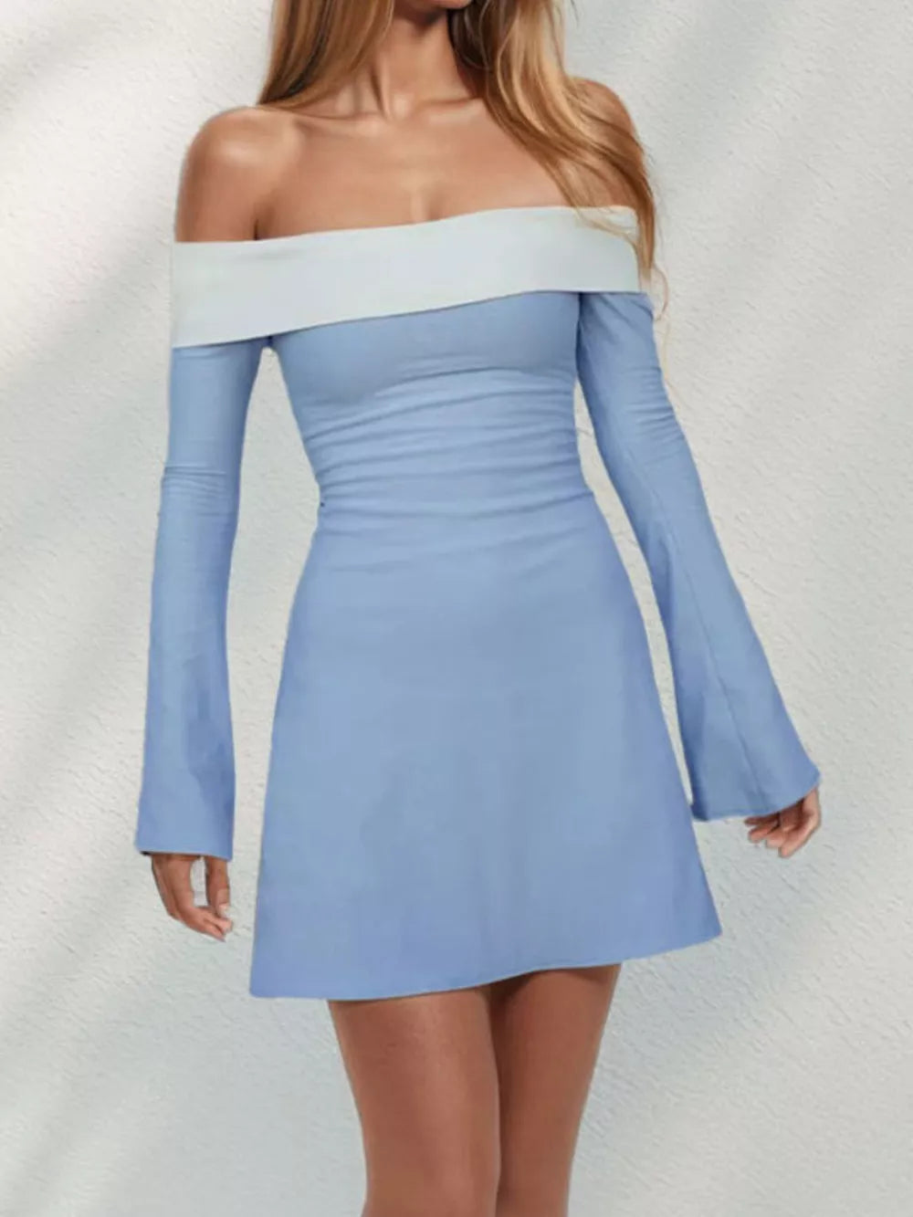 Light blue off-shoulder dress with white neckline and flare sleeves