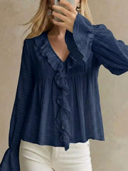 Ruffled V-neck Flounce Sleeve Blouse in Dark Blue