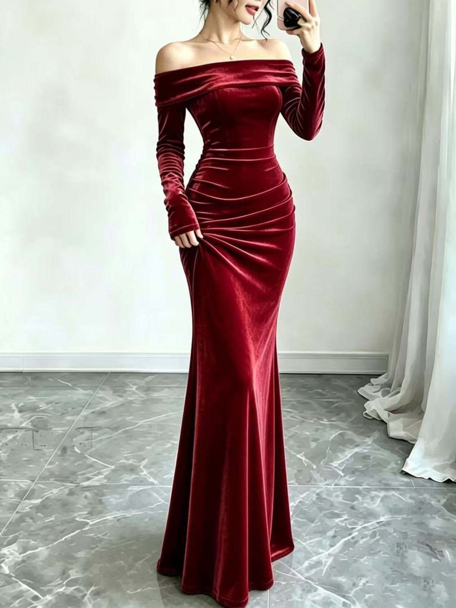 Sky Blue formal gown with ruched and long sleeve