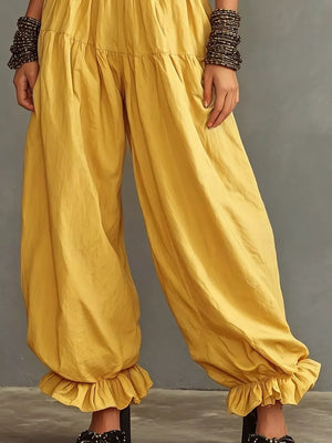 Full Size Smocked Ruffle Hem Wide Leg Pants in Dark Gray