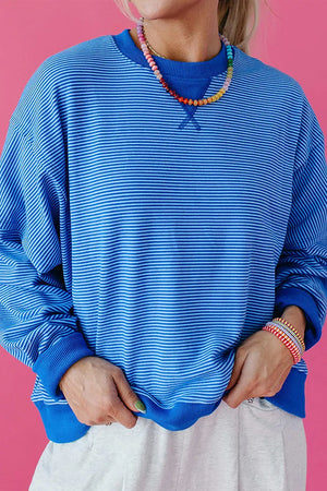 Stripe Ribbed Cuffs Long Sleeve Pullover Top option 5