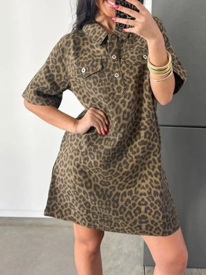 tan shirt dress with leopard-print and collared