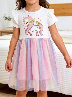 Toddler unicorn graphic cotton dress with rainbow glitter tulle skirt and flutter sleeves.