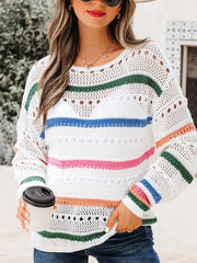 White Color Block Striped Pointelle Knit Sweater