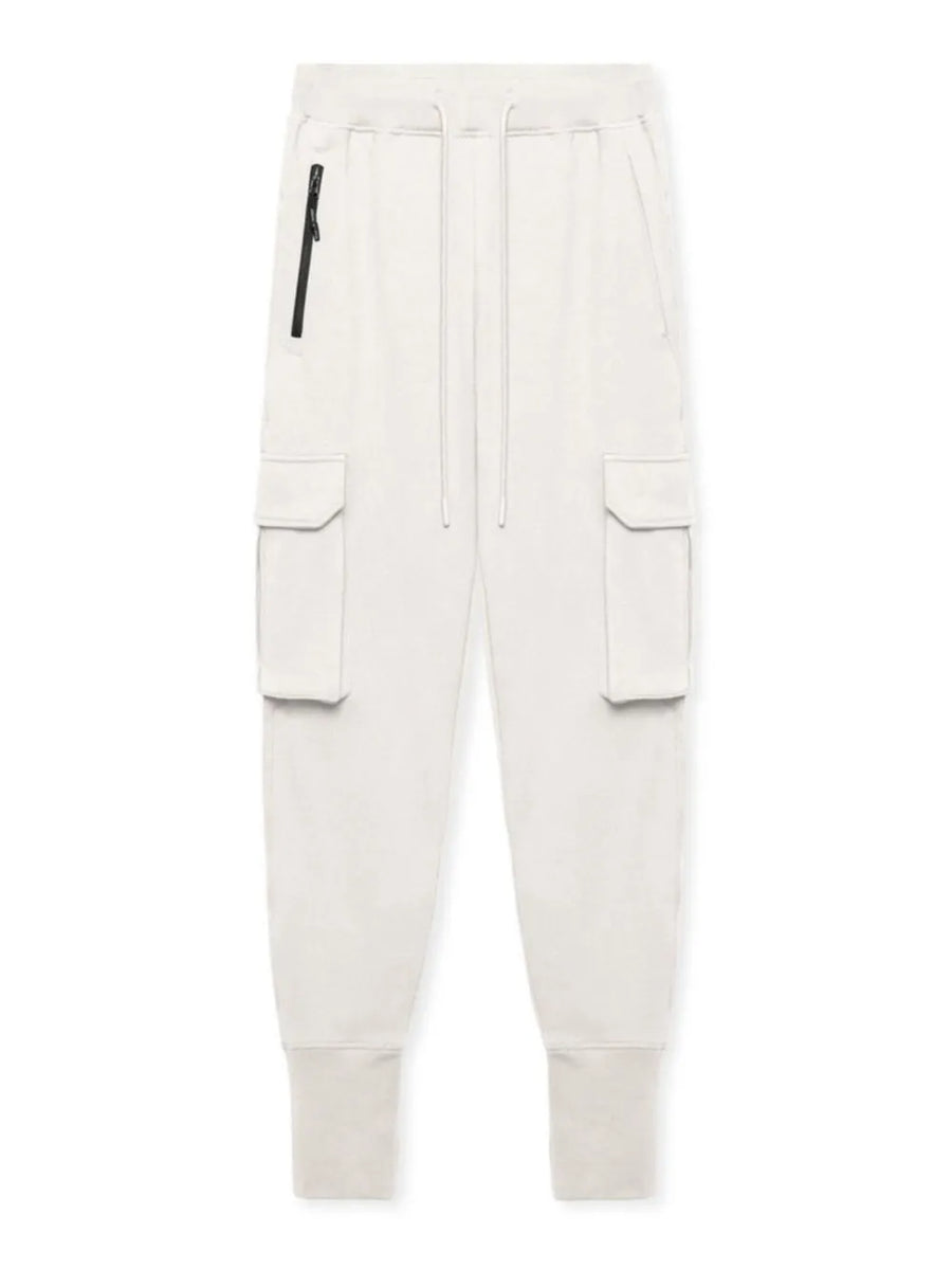 White Tech-Knit cargo joggers with zip pocket and drawstring waist.