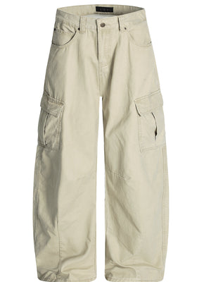 Tan cargo pants with wide legs and flap pockets