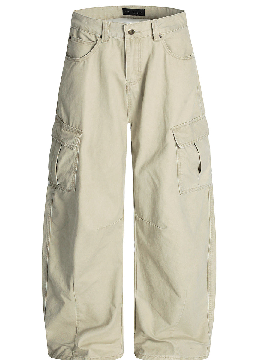 Tan cargo pants with wide legs and flap pockets
