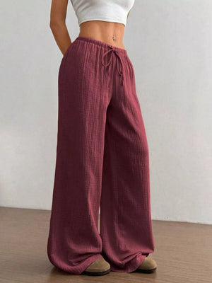 Wide-leg Drawstring Cotton Pants in White