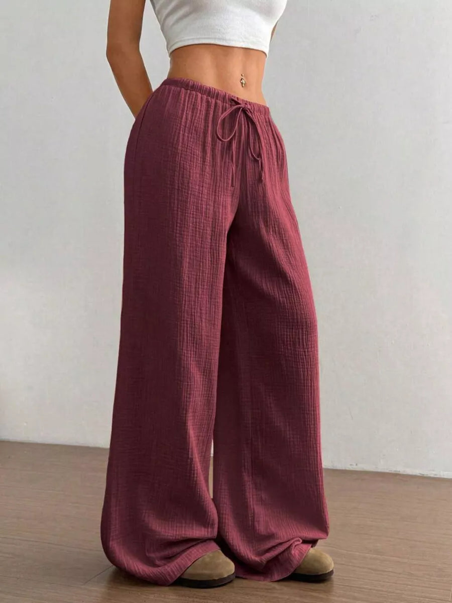 Wide-leg Drawstring Cotton Pants in White