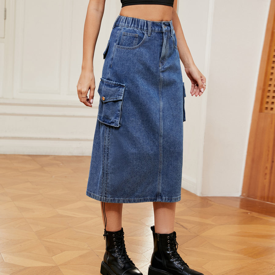 Blue denim midi skirt with cargo pockets